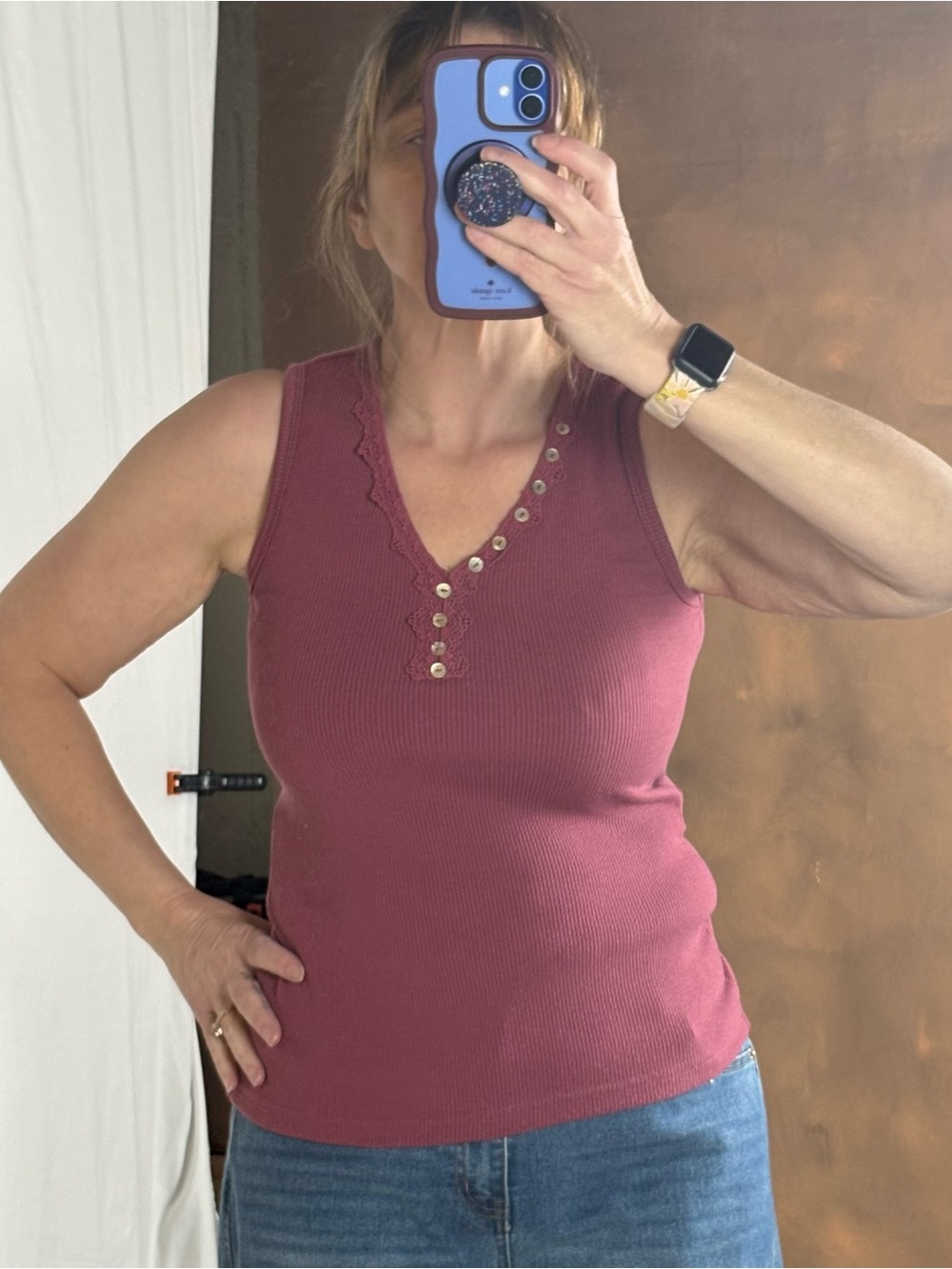 Ribbed V-Neck Henley Tank Top - Rose Mauve